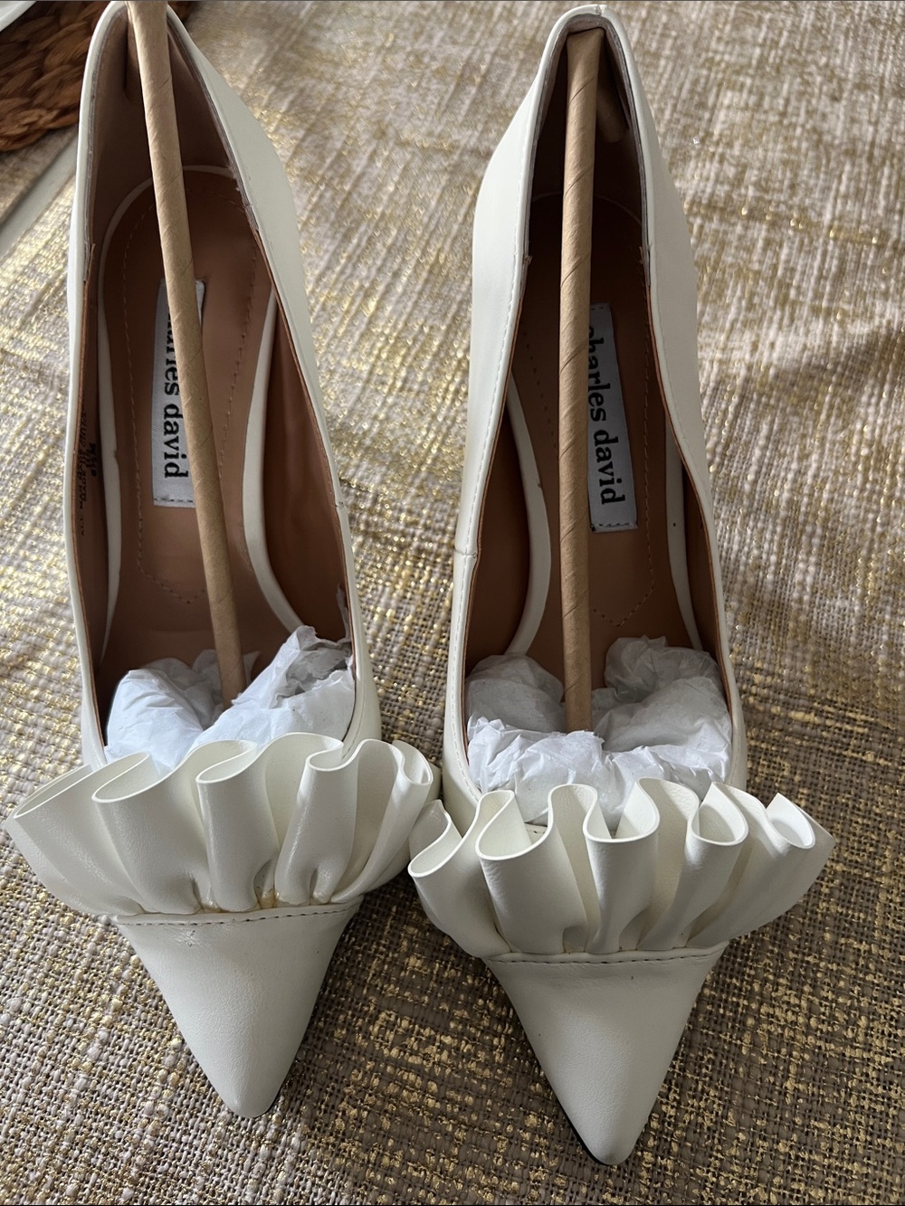Charles David Cream Ruffle Pointed-Toe Pumps - Picture 2 of 7